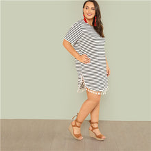 Load image into Gallery viewer, SHEIN Black and White Stripe Plus Size Straight Casual Mini Dress Women Summer Tassel Embellished Curved Hem Short Dresses