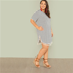 SHEIN Black and White Stripe Plus Size Straight Casual Mini Dress Women Summer Tassel Embellished Curved Hem Short Dresses