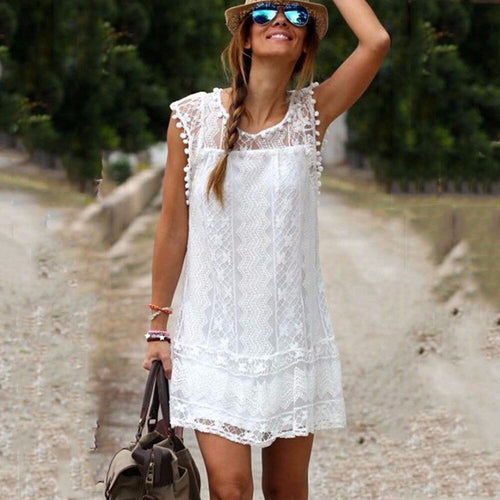 Summer Dress 2018 Women Casual Beach Short Dress Tassel Black White Mini Lace Dress Party Dresses Vestidos S-XXL