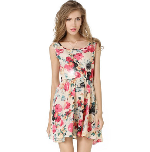 USA SIZE Summer bottom skirt Sleeveless printed chiffon dress Floral vest dress