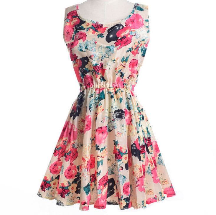 USA SIZE Summer bottom skirt Sleeveless printed chiffon dress Floral vest dress