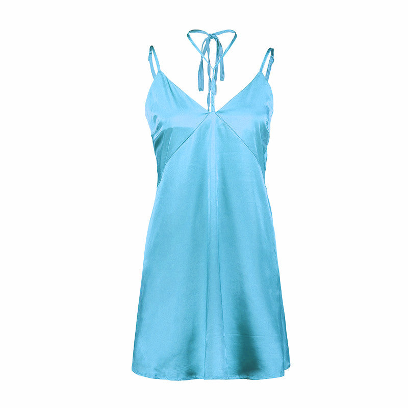 USA SIZE Stitching sexy backless wrapped chest hanging neck strap dress female