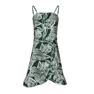 USA SIZE Leaf Print Sling Chiffon Dress Sexy Beach Seaside Vacation Irregular Skirt