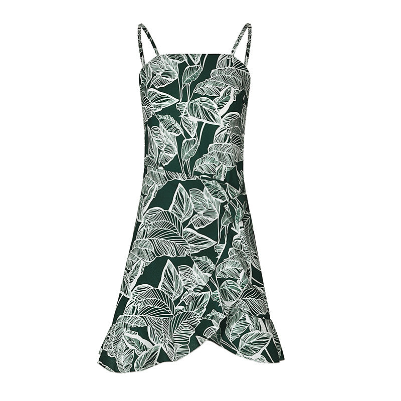 USA SIZE Leaf Print Sling Chiffon Dress Sexy Beach Seaside Vacation Irregular Skirt