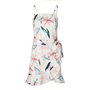 USA SIZE Leaf Print Sling Chiffon Dress Sexy Beach Seaside Vacation Irregular Skirt