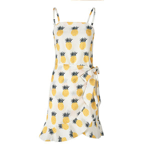 USA SIZE Leaf Print Sling Chiffon Dress Sexy Beach Seaside Vacation Irregular Skirt