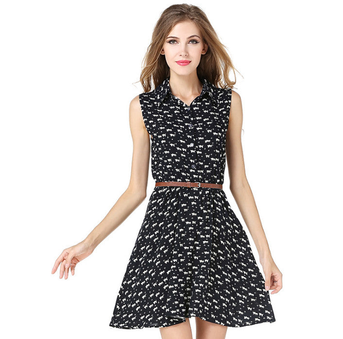 USA SIZE Women's shirt dress cat print slim dress shirt skirt send belt