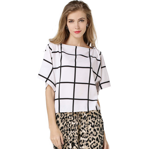 USA SIZE Loose word collar large size chiffon shirt bat shirt black and white large plaid shirt