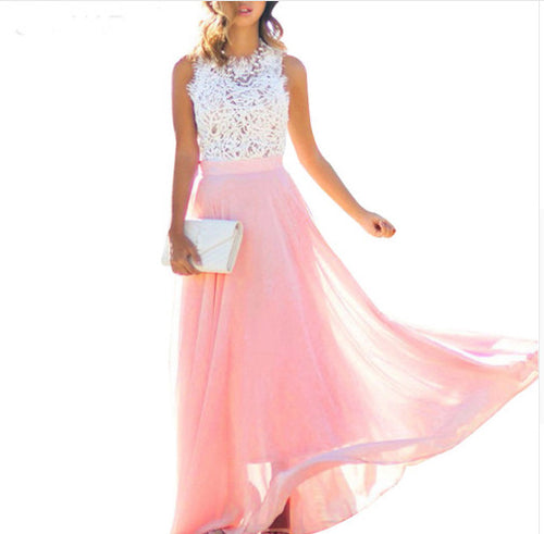New European and American lace stitching Chiffon overlength dress dress