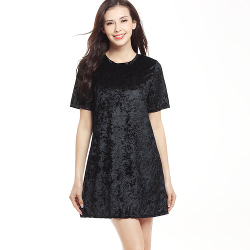 USA SIZE Swan silk gold diamond velvet loose round neck short-sleeved dress A word skirt