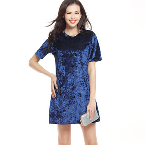 USA SIZE Swan silk gold diamond velvet loose round neck short-sleeved dress A word skirt