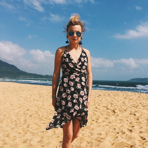 USA SIZE Sling V-neck long dress printed chiffon backless beach skirt