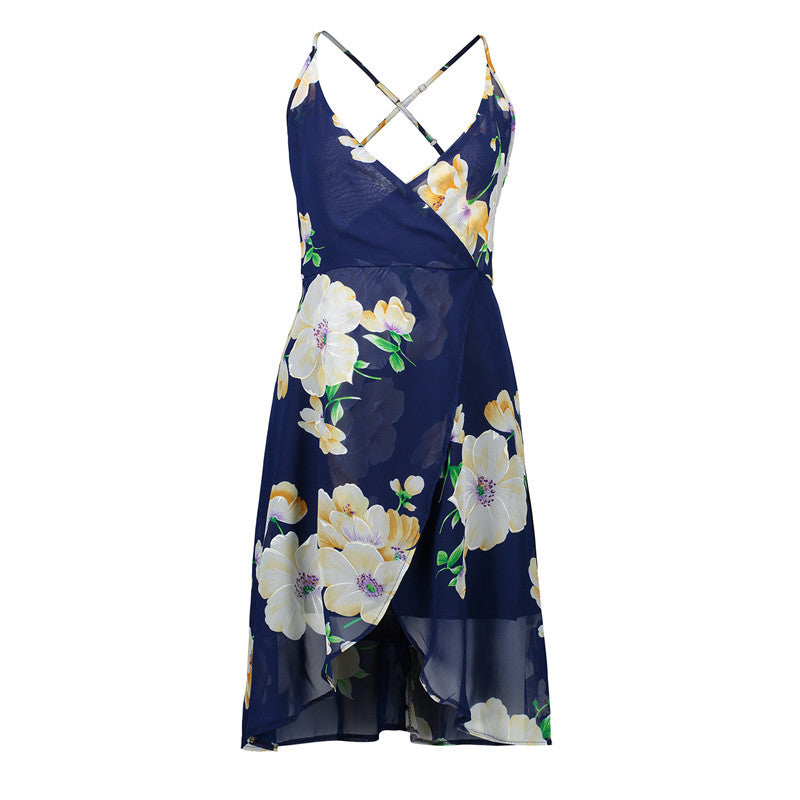 USA SIZE Sling V-neck long dress printed chiffon backless beach skirt