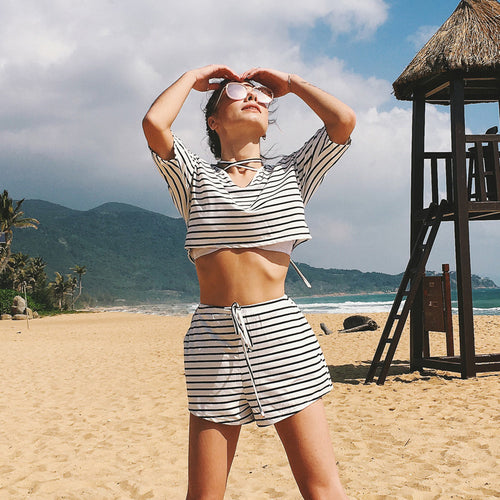 USA SIZE V-neck umbilical straps striped slim short-sleeved shorts cotton summer suit
